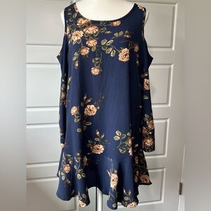 Altar'd State Floral Cold Shoulder Dress Ruffle Hem Navy Blue Peach Roses Large‎